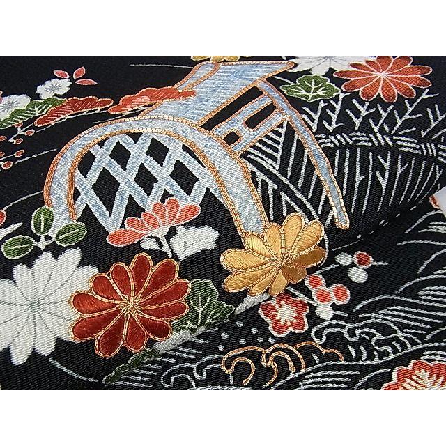 平和屋本店●極上　九寸名古屋帯　銀座越後屋　駒刺繍　型染　風景吉祥花文　鬼しぼ縮緬　黒地　逸品　未使用　DZAA1251kh4 平和屋本店○極上 九寸名古屋帯 銀座越後屋 駒刺繍 型染 風景吉祥花文
