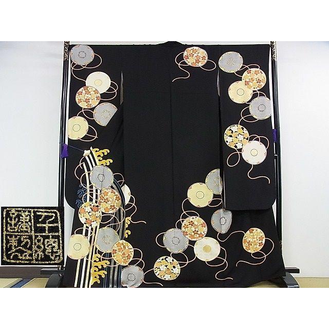 平和屋本店■極上　創業460年・千總　振袖　駒刺繍　鏡裏文　黒地　金彩　高島屋扱い　逸品　DZAA1315kh4 平和屋本店□極上 創業460年・千總 振袖 駒刺繍 鏡裏文 黒地 金彩