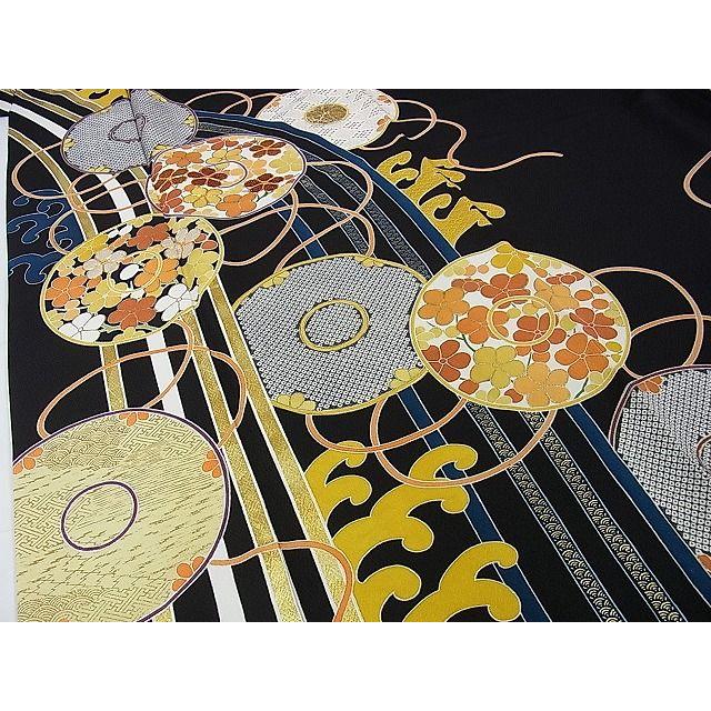 平和屋本店○極上 創業460年・千總 振袖 駒刺繍 鏡裏文 黒地 金彩