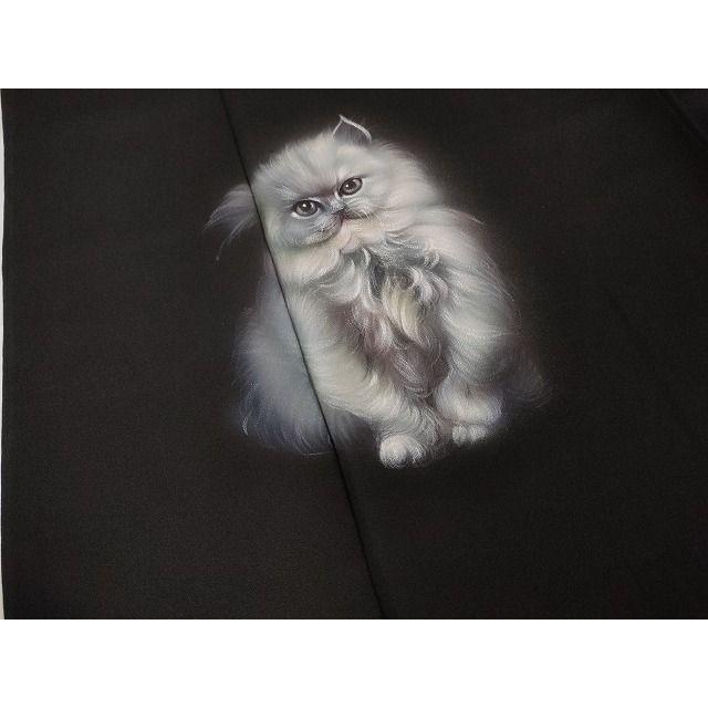 平和屋本店□極上 色留訪問着 手描き 猫 ペルシャ猫 蝉色地