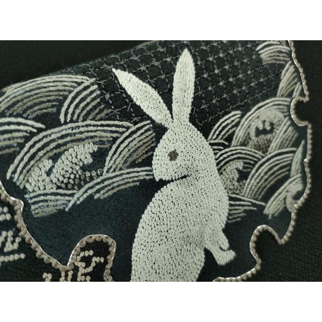 平和屋本店■極上 中国人間国宝 将雪英 中国三大刺繍 汕頭・相良刺繍 六通太鼓柄袋帯 雪輪兎　黒地　共箱・証明書付き　逸品　DZAA2662kh5 平和屋本店□極上 中国人間国宝 将雪英 中国三大刺繍 汕頭・相良刺繍