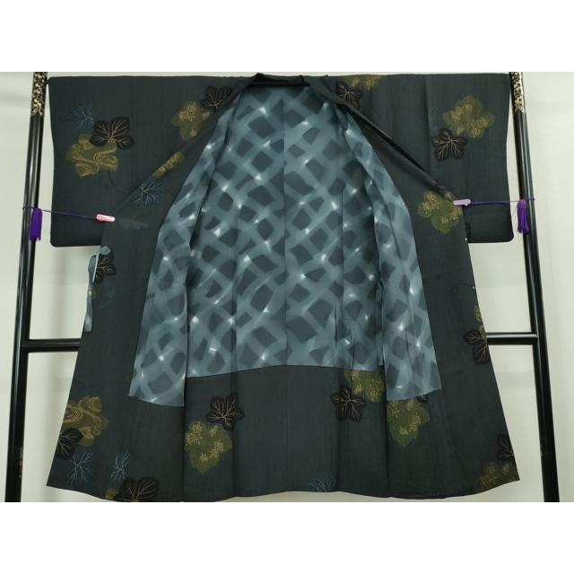 平和屋本店□極上 道行コート ロング丈 舞葉文 青褐色地 金彩