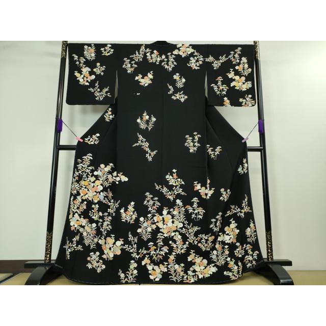 平和屋本店□極上 訪問着 友禅 駒刺繍 吉祥花文 縮緬地 黒地 金彩 逸品 