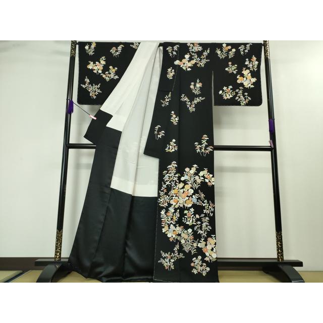 平和屋本店□極上 訪問着 友禅 駒刺繍 吉祥花文 縮緬地 黒地 金彩 逸品