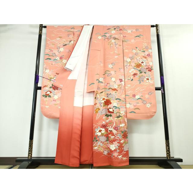 平和屋本店■極上　創業460年・千總　振袖　駒刺繍　飛鶴吉祥花文　甚三紅色地　暈し染め　金彩　逸品　DZAA4479kh5 平和屋本店□極上 創業460年・千總 振袖 駒刺繍 飛鶴吉祥花文 甚三紅色