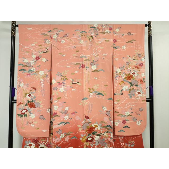 平和屋本店□極上 創業460年・千總 振袖 駒刺繍 飛鶴吉祥花文 甚三紅色