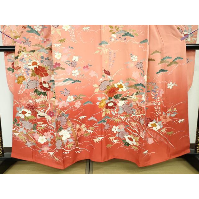 平和屋本店■極上　創業460年・千總　振袖　駒刺繍　飛鶴吉祥花文　甚三紅色地　暈し染め　金彩　逸品　DZAA4479kh5 平和屋本店□極上 創業460年・千總 振袖 駒刺繍 飛鶴吉祥花文 甚三紅色
