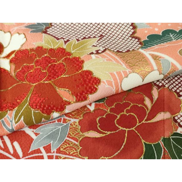 平和屋本店■極上　創業460年・千總　振袖　駒刺繍　飛鶴吉祥花文　甚三紅色地　暈し染め　金彩　逸品　DZAA4479kh5 平和屋本店□極上 創業460年・千總 振袖 駒刺繍 飛鶴吉祥花文 甚三紅色