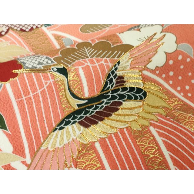 平和屋本店■極上　創業460年・千總　振袖　駒刺繍　飛鶴吉祥花文　甚三紅色地　暈し染め　金彩　逸品　DZAA4479kh5 平和屋本店□極上 創業460年・千總 振袖 駒刺繍 飛鶴吉祥花文 甚三紅色