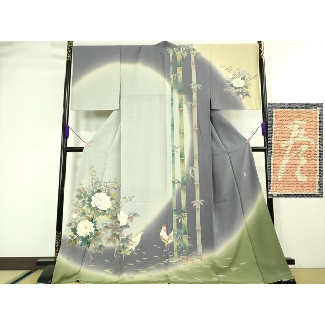 平和屋本店●極上　京加賀友禅　百貫石峰　訪問着　草花文　暈し染め　反端付き　卵色地　逸品　CYAA4225s6 平和屋着物○京加賀友禅 百貫石峰 訪問着 枝花文 暈し染め 正絹 逸品