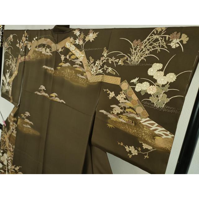 平和屋本店■極上　訪問着　駒刺繍　吉祥花文　涅色地　金彩　逸品　未使用　DZAA4629kh5 平和屋本店□極上 訪問着 駒刺繍 吉祥花文 涅色地 金彩