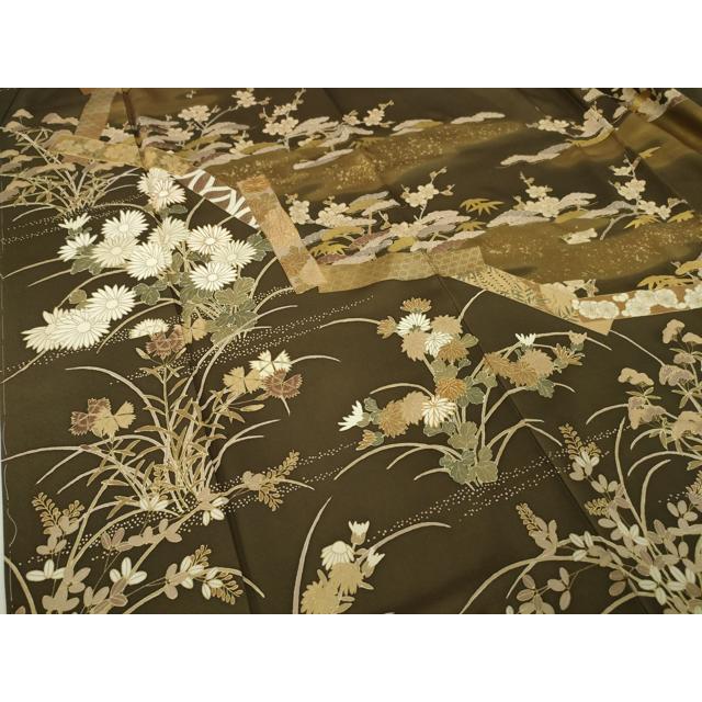 平和屋本店□極上 訪問着 駒刺繍 吉祥花文 涅色地 金彩