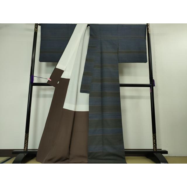 平和屋本店□希少 郡上紬 草木染 訪問着 横段文 高島屋扱い 逸品