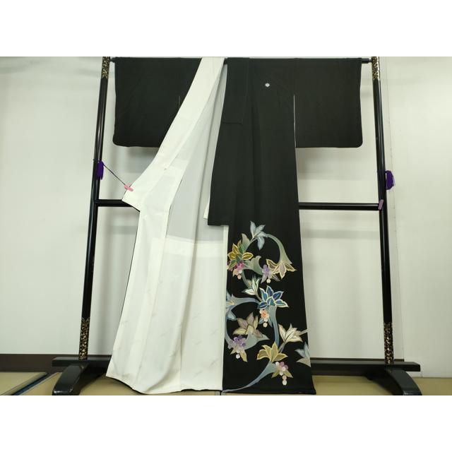 平和屋本店□極上 染刺工芸 大羊居 東京友禅 黒留袖 刺繍 草花文 金糸 