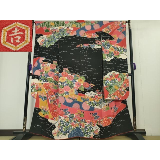 平和屋本店□極上 和染紅型 栗山紅型 栗山吉三郎 振袖 舞蝶花文 鬼しぼ