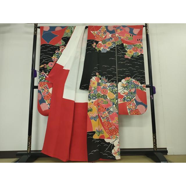 平和屋本店□極上 和染紅型 栗山紅型 栗山吉三郎 振袖 舞蝶花文 鬼しぼ