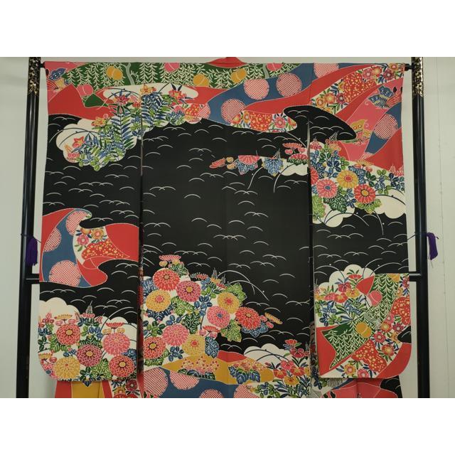 平和屋本店■極上　和染紅型　栗山紅型　栗山吉三郎　振袖　舞蝶花文　鬼しぼ縮緬　黒地　逸品　DZAA4990kh5 平和屋本店□極上 和染紅型 栗山紅型 栗山吉三郎 振袖 舞蝶花文 鬼しぼ
