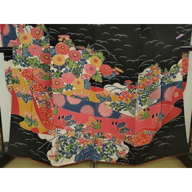 平和屋本店□極上 和染紅型 栗山紅型 栗山吉三郎 振袖 舞蝶花文 鬼しぼ