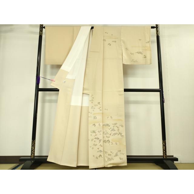 平和屋本店■極上　人間国宝　福田喜三郎　訪問着　刺繍　舞鳥花松文　手描き　肌色地　金糸　逸品　DZAA5027kh5_1