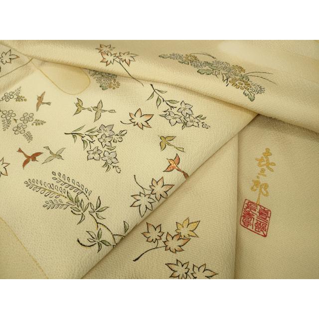 平和屋本店■極上　人間国宝　福田喜三郎　訪問着　刺繍　舞鳥花松文　手描き　肌色地　金糸　逸品　DZAA5027kh5_8