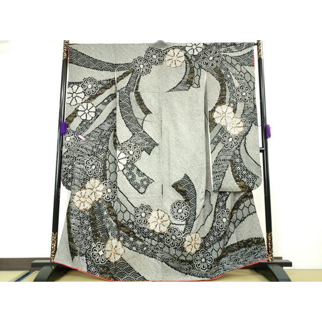 平和屋本店□極上 振袖 総絞り 駒刺繍 束ね熨斗花文 黒地 金糸 逸品