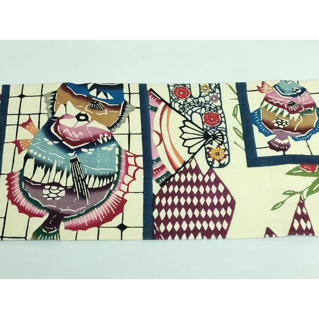平和屋本店□極上 人間国宝 玉那覇有公 本場琉球紅型 九寸名古屋帯 紬