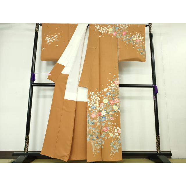 平和屋本店□極上 本加賀友禅作家 柿本市郎 訪問着 四季花文 赤朽葉色