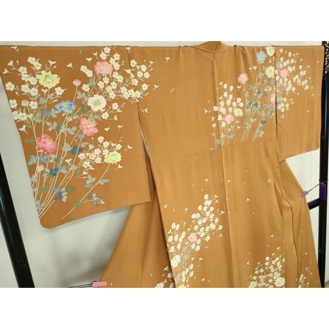 平和屋本店□極上 本加賀友禅作家 柿本市郎 訪問着 四季花文 赤朽葉色