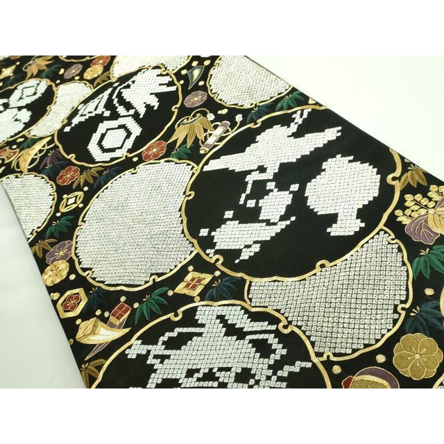 平和屋本店□極上 六通柄袋帯 駒刺繍 総刺繍 雪輪宝尽くし 黒地 金糸 