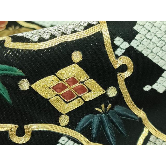 平和屋本店□極上 六通柄袋帯 駒刺繍 総刺繍 雪輪宝尽くし 黒地 金糸 
