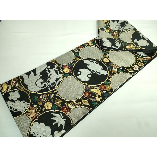 平和屋本店□極上 六通柄袋帯 駒刺繍 総刺繍 雪輪宝尽くし 黒地 金糸 