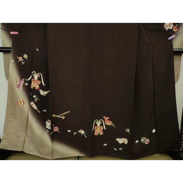 平和屋本店■極上　世界的人形師　辻村寿三郎　ジュサブロー　訪問着　刺繍　鳥獣戯画　暈し染め　赤墨色地　逸品　CZAA2003s5 平和屋本店□極上 世界的人形師 辻村寿三郎 ジュサブロー 振袖 兎 玩具