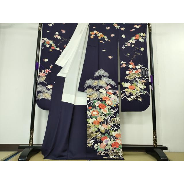 平和屋本店■極上　創業460年・千總　振袖　駒刺繍　立波花松文　鉄紺色地　金彩　松坂屋扱い　逸品　DZAA6222kh5