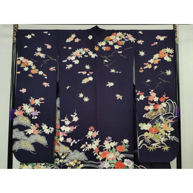 平和屋本店■極上　創業460年・千總　振袖　駒刺繍　立波花松文　鉄紺色地　金彩　松坂屋扱い　逸品　DZAA6222kh5