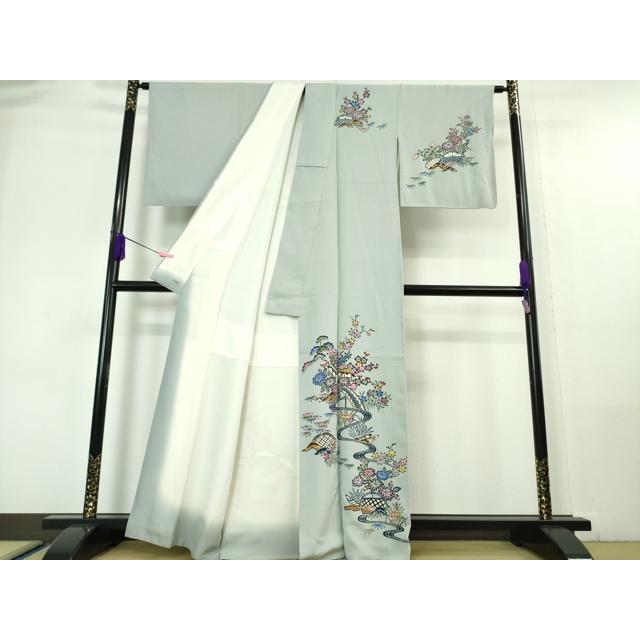 平和屋本店●極上　本場琉球紅型　振袖　飛鶴松竹梅　素鼠色地　逸品　DZAB5949kh6 平和屋本店□極上 訪問着 本場琉球紅型 風景花文 秘色色地 高島屋扱い