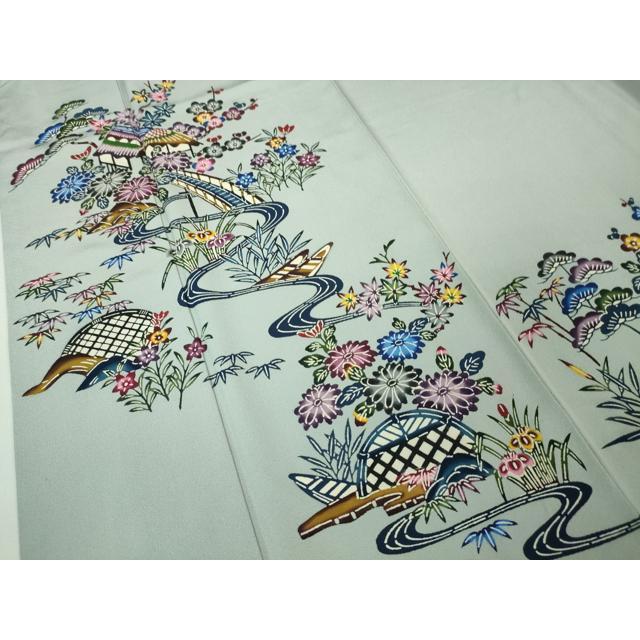 平和屋本店●極上　本場琉球紅型　小紋　藍型染　舞扇花文　逸品　DZAB5190kh6 平和屋本店□極上 訪問着 本場琉球紅型 風景花文 秘色色地 高島屋扱い