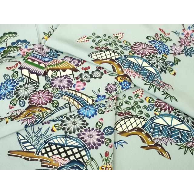 平和屋本店●極上　本場琉球紅型　振袖・長襦袢セット　紅型　花鳥文　洒落柿色地　鬼しぼ縮緬　逸品　CYAA4692s6 特選 振袖 着物 中古 正絹 琉球 紅型 花模様 松竹梅 茶屋辻 青色 多色