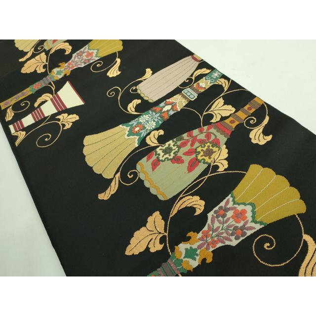 平和屋着物■極上　六通柄袋帯　唐織　鷹匠　楽器花文　黒地　金糸　逸品　DZAA7729kh5 平和屋着物□極上 六通柄袋帯 唐織 鷹匠 楽器花文 黒地 金糸 逸品