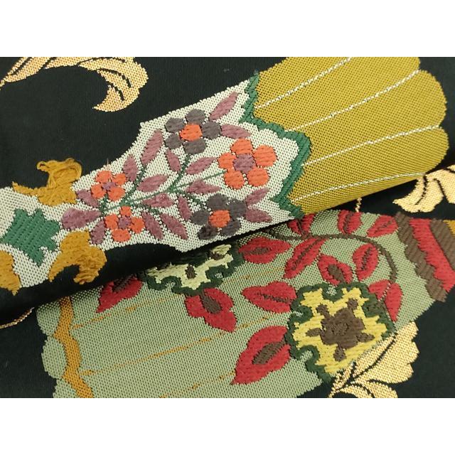 平和屋着物□極上 六通柄袋帯 唐織 鷹匠 楽器花文 黒地 金糸 逸品