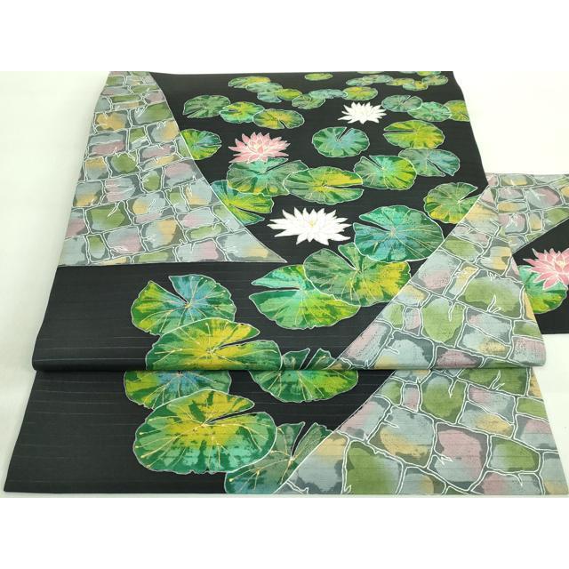 平和屋本店□極上 夏物 手描き友禅作 腰原淳策 絽塩瀬 九寸名古屋帯 蓮