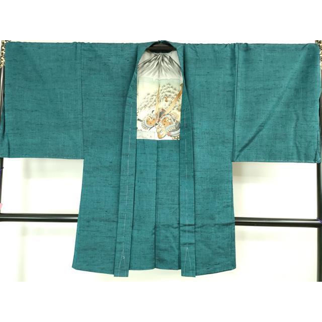 平和屋着物□極上 男性 紬 アンサンブル キングサイズ 長羽織 濃青碧色 