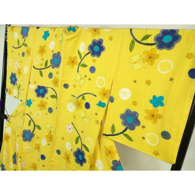 平和屋本店■超希少　染色作家　山本由季　小紋　舞蝶花文　黄色地　金彩　ロング丈　逸品　DZAA7895kh5 平和屋本店□超希少 染色作家 山本由季 小紋 舞蝶花文 黄色地 金彩