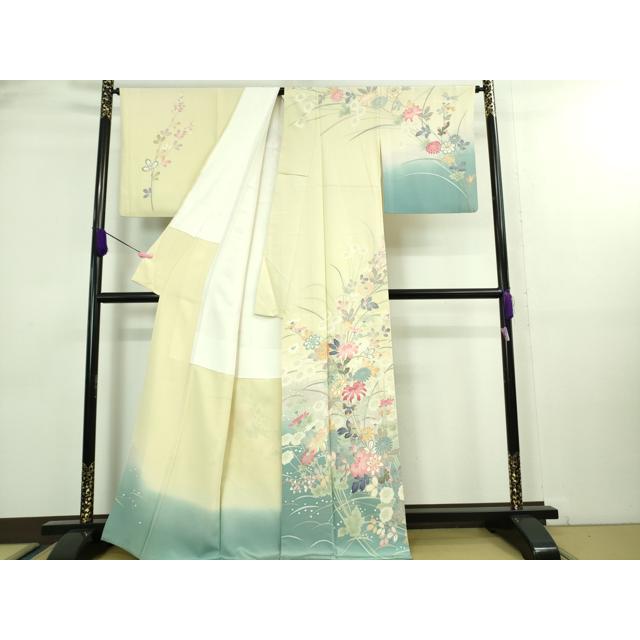 平和屋本店●極上　本加賀友禅作家　由水煌人　訪問着　草花文　銀煤竹色地　逸品　未使用　DZAB5915kh6 平和屋本店□極上 本加賀友禅作家 茶谷孝志 訪問着 枝花文 暈し染め 砥