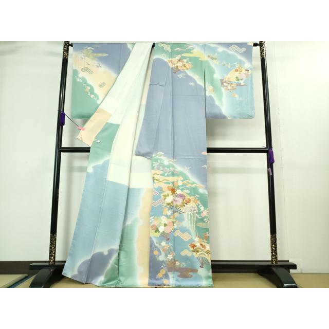 平和屋本店□極上 創業460年・千總 訪問着 駒刺繍 扇面吉祥花文 暈し 