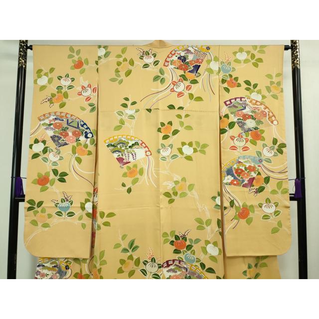 平和屋本店■極上　創業460年・千總　振袖　駒刺繍　檜扇橘花文　卵色地　金彩　逸品　DZAA8334kh5 平和屋本店□極上 創業460年・千總 振袖 駒刺繍 檜扇橘花文 卵色地