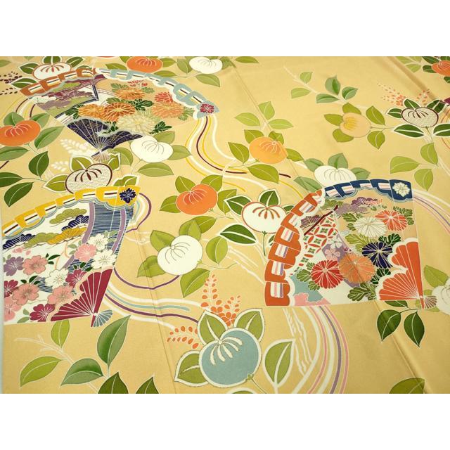 平和屋本店■極上　創業460年・千總　振袖　駒刺繍　檜扇橘花文　卵色地　金彩　逸品　DZAA8334kh5 平和屋本店□極上 創業460年・千總 振袖 駒刺繍 檜扇橘花文 卵色地