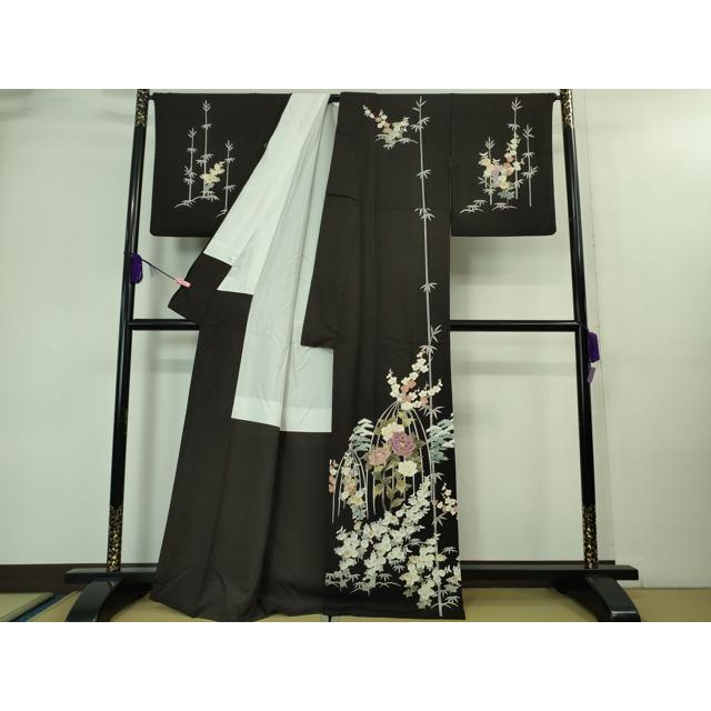 平和屋着物□極上 訪問着 駒刺繍 吉祥花文 暗黒色地 金彩
