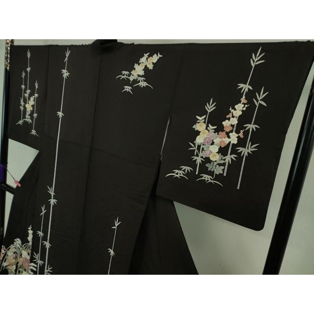 平和屋着物□極上 訪問着 駒刺繍 吉祥花文 暗黒色地 金彩