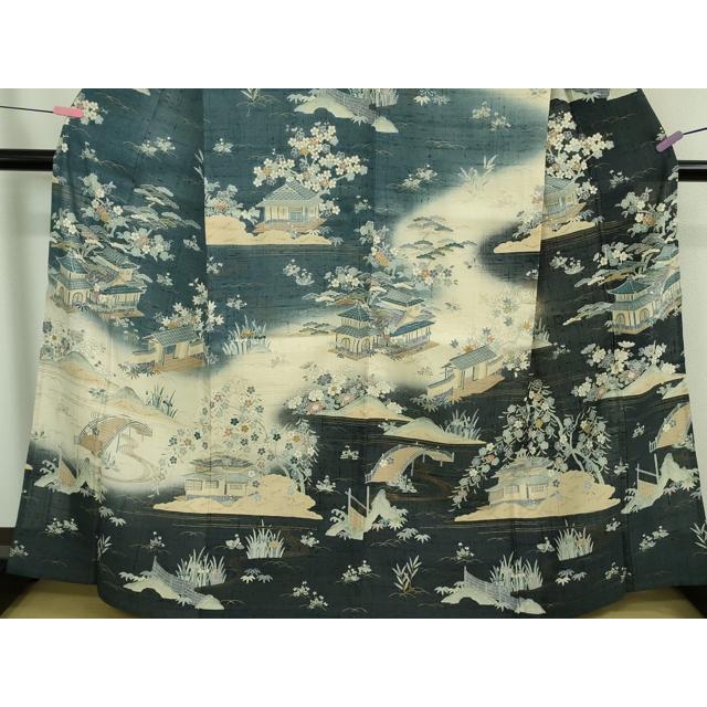 平和屋本店□極上 染織の名門 しょうざん 生紬 訪問着 単衣 渡橋風景花
