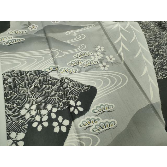 平和屋着物□極上 訪問着 紬地 絞り染め 手描き 枝垂れ柳 松花文 逸品